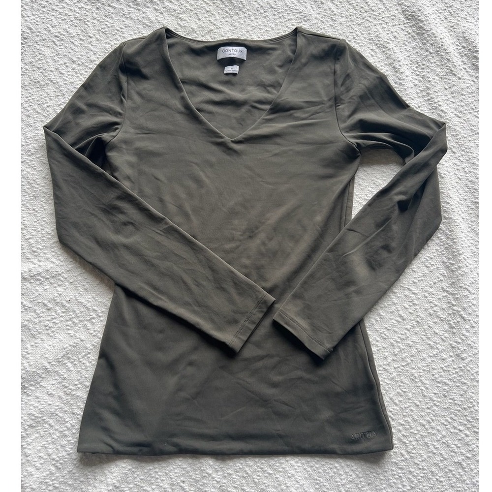 Aritzia Babaton Contour V-Neck Long Sleeve Top Olive Green Size M Double Layer